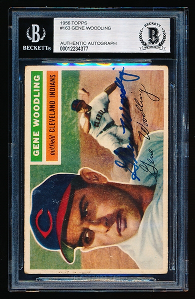 Autographed 1956 Topps Baseball- #163 Gene Woodling, Cleveland- Beckett Certified & Encapsulated
