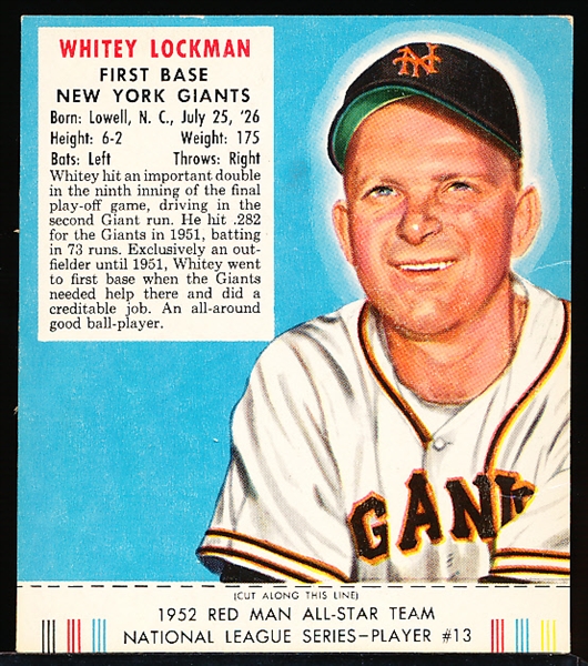1952 Red Man Baseball with Tab- NL #13 Lockman, Giants