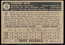 1952 Topps Bb- #26 Monte Irvin, Giants- Black Back