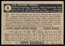1952 Topps Bb- #31 Zernial, A’s- Black Back