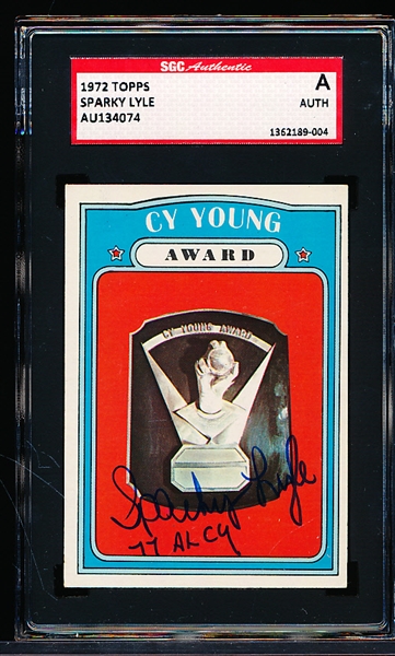 1972 Topps Bb- #623 Cy Young Card- Autographed by Sparky Lyle- SGC Certified & Slabbed
