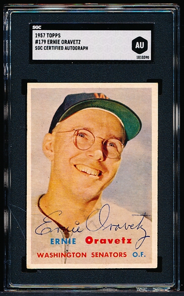 Autographed 1957 Topps Baseball- #179 Ernie Oravetz, Washington- SGC Certified & Encapsulated
