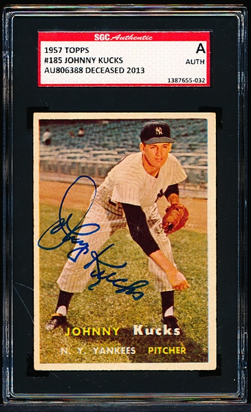 Autographed 1957 Topps Baseball- #185 Johnny Kucks, Yankees - SGC Certified & Encapsulated