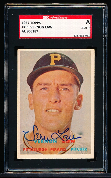 Autographed 1957 Topps Baseball- #199 Vern Law, Pirates- SGC Certified and Encapsulated