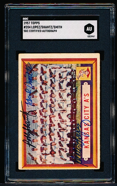 Autographed 1957 Topps Baseball- #204 KC A’s Team- signed by Hal Smith, Hector Lopez, Bobby Shantz- SGC Certified & Encapsulated