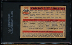 Autographed 1957 Topps Baseball- #204 KC A’s Team- signed by Hal Smith, Hector Lopez, Bobby Shantz- SGC Certified & Encapsulated