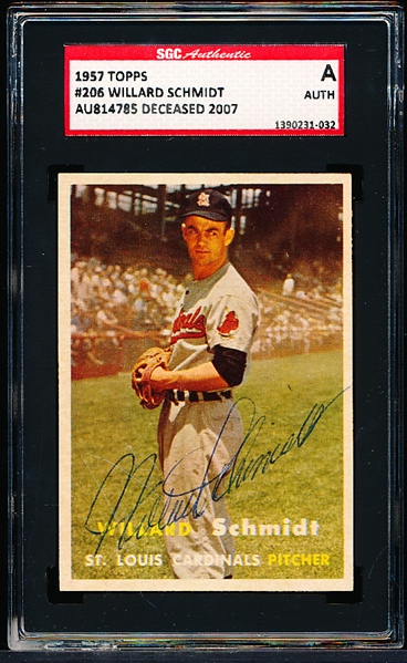 Autographed 1957 Topps Baseball- #206 Willard Schmidt, Cardinals- SGC Certified & Encapsulated
