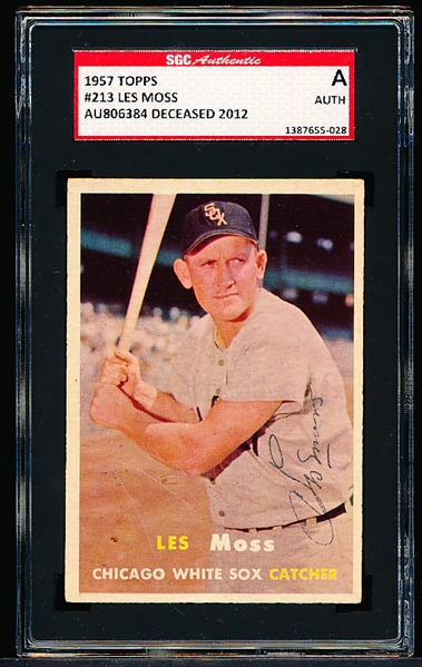 Autographed 1957 Topps Baseball- #213 Les Moss, White Sox- SGC Certified and Encapsulated