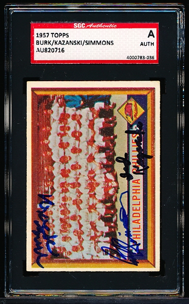 Autographed 1957 Topps Baseball- #214 Phillies Team- Signed by Curt Simmons/ Burk/ Kazanski- SGC Certified & Encapsulated