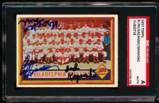 Autographed 1957 Topps Baseball- #214 Phillies Team- Signed by Curt Simmons/ Burk/ Kazanski- SGC Certified & Encapsulated