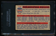 Autographed 1957 Topps Baseball- #214 Phillies Team- Signed by Curt Simmons/ Burk/ Kazanski- SGC Certified & Encapsulated
