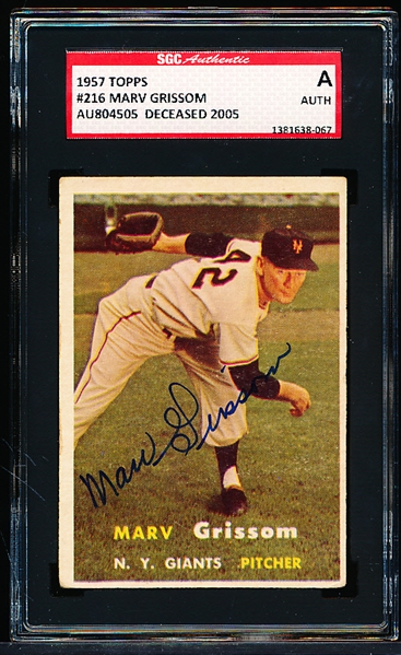 Autographed 1957 Topps Baseball- #216 Mark Grissom, Giants- SGC Certified & Encapsulated