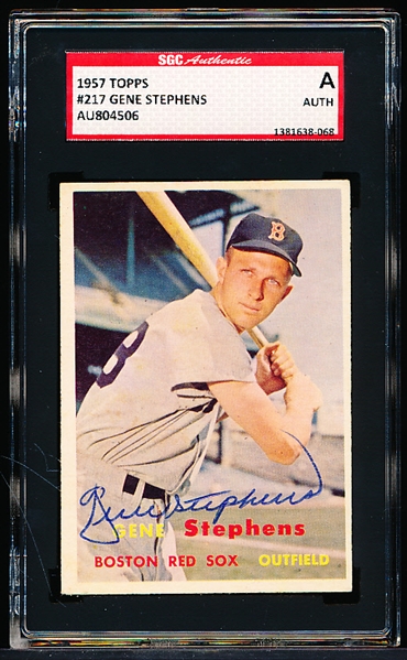 Autographed 1957 Topps Baseball- #217 Geme Stepens, Red Sox- SGC Certified & Encapsulated