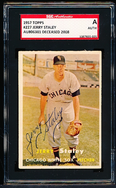 Autographed 1957 Topps Baseball- #227 Jerry Staley, White Sox- SGC Certified & Encapsulated