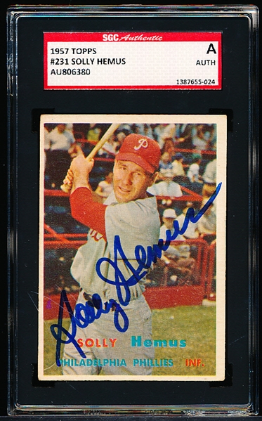 Autographed 1957 Topps Baseball- #231 Solly Hemus, Phillies- SGC Certified & Encapsulated