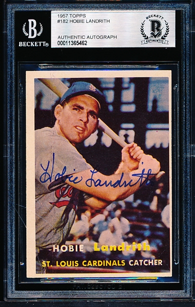 Autographed 1957 Topps Baseball- #182 Hobie Lamdrith, Cardinals- Beckett Certified & Encapsulated