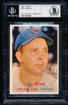 Autographed 1957 Topps Baseball- #186 Jim King, Cubs- Beckett Certified & Encapsulated