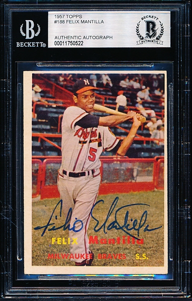 Autographed 1957 Topps Baseball-#188 Felix Mantilla, Braves- Beckett Certified & Encapsulated