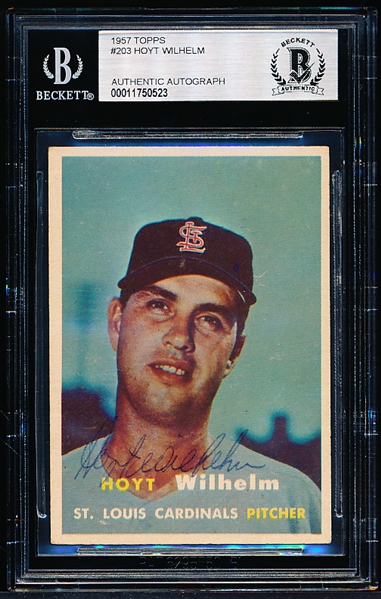 Autographed 1957 Topps Baseball- #203 Hoyt Wilhelm, Cardinals- Beckett Certified & Encapsulated
