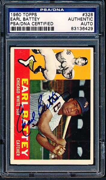 Autographed 1960 Topps Baseball- #328 Earl Battey, White Sox- PSA/DNA Certified & Encapsulated