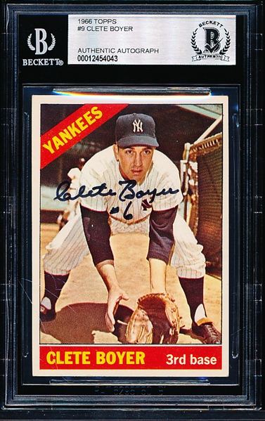 Autographed 1966 Topps Baseball #9 Clete Boyer, Yankees- Beckett Certified & Encapsulated
