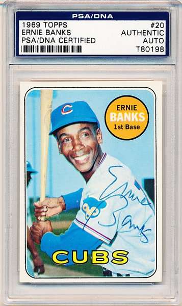 Autographed 1969 Topps Baseball-#20 Ernie Banks, Cubs- PSA/ DNA Certified & Encapsulated
