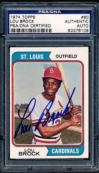 Autographed 1974 Topps Baseball- #60 Lou Brock, Cardinals- PSA/ DNA Certified & Encapsulated
