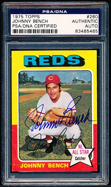 Autographed 1975 Topps Baseball- #260 Johnny Bench, Reds- PSA/ DNA Certified & Encapsulated