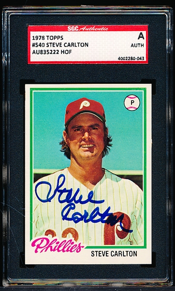 Autographed 1978 Topps Baseball- #540 Steve Carlton, Phillies- SGC Certified & Encapsulated
