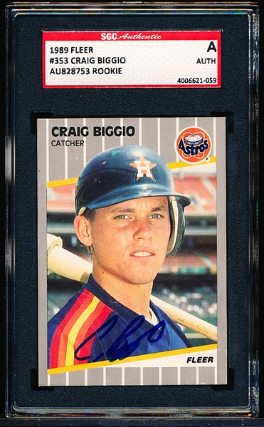 Autographed 1989 Fleer Baseball- #353 Craig Biggio, Astros RC- SGC Certified & Encapsulated