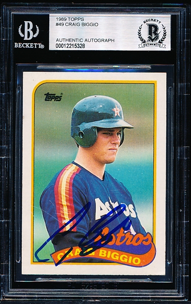 Autographed 1989 Topps Baseball- #49 Craig Biggio, Astros- Beckett Certified & Encapsulated