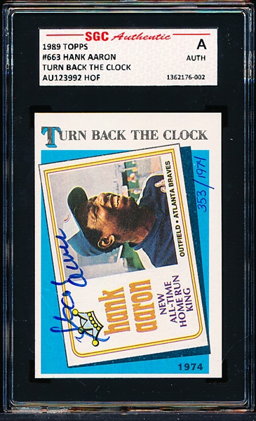 Autographed 1989 Topps Baseball- #663 Hank Aaron Turn Back The Clock (Hand #353/1974)- SGC Certified & Encapsulated