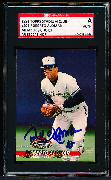 Autographed 1993 Topps Stadium Club Baseball- #596 Roberto Alomar- SGC Certified & Encapsulated