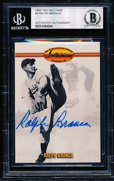 Autographed 1993 Ted Williams Baseball- #8 Ralph Branca, Dodgers- Beckett Certified & Encapsulated