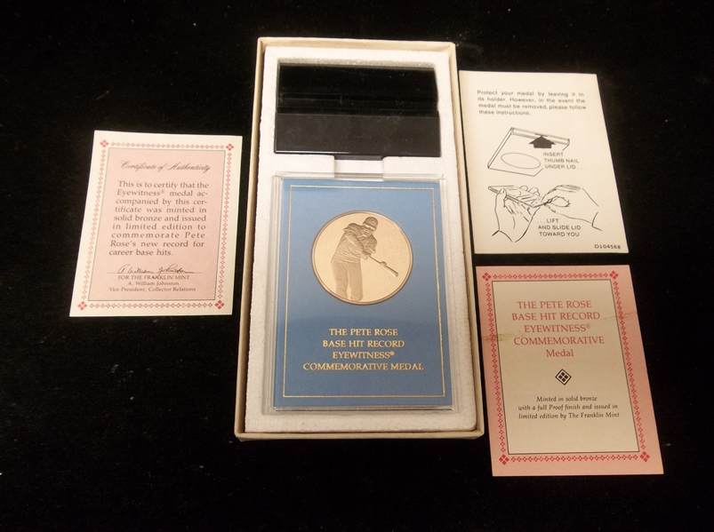 1986 The Franklin Mint Pete Rose “Base Hit Record” Solid Bronze Commemorative Medal