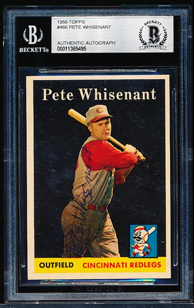 Autographed 1958 Topps Baseball- #466 Pete Whisenant, Cinc. Reds- Beckett Certified & Encapsulated