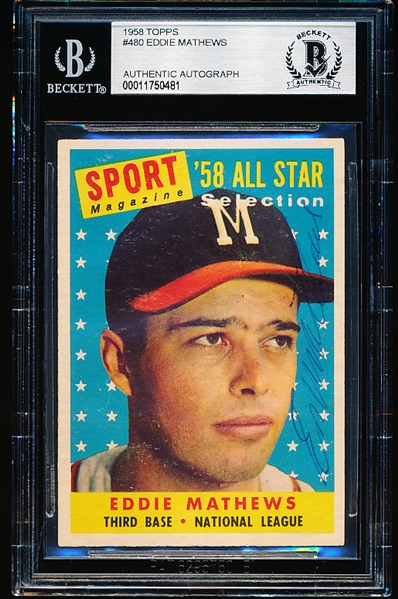 Autographed 1958 Topps Baseball- #480 Eddie Mathews All Star- Beckett Certified & Encapsulated