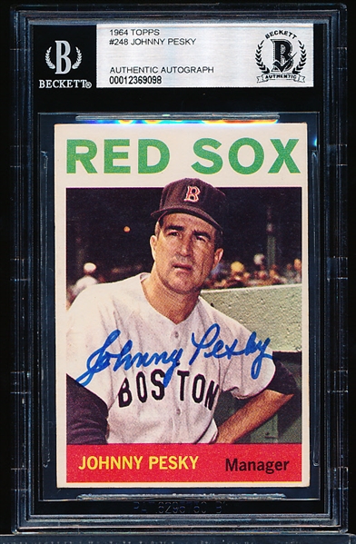 Autographed 1964 Topps Baseball- #248 Johnny Pesky, Red Sox- Beckett Certified & Encapsulated