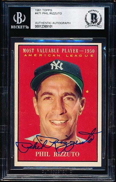 Autographed 1961 Topps Bb- #471 Phil Rizzuto MVP- Beckett Authenticated & Encapsulated
