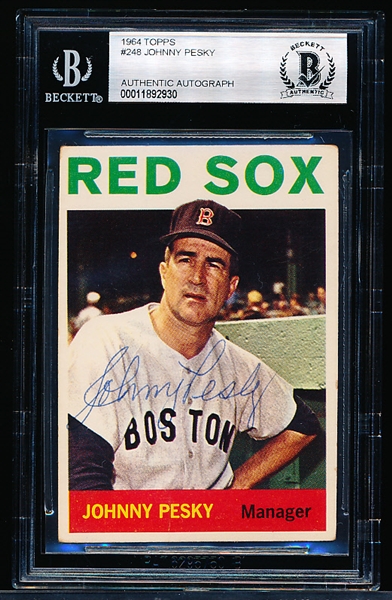 Autographed 1964 Topps Bb- #246 John Pesky, Red Sox- Beckett Authenticated & Encapsulated