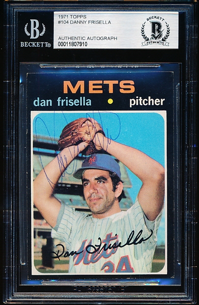 Autographed 1971 Topps Bb- #104 Danny Frisella, Mets- Beckett Authenticated & Encapsulated