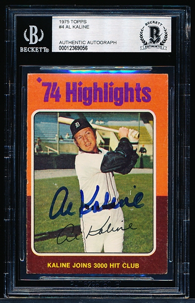 Autographed 1975 Topps Bb- #4 Al Kaline HL- Beckett Authenticated & Encapsulated