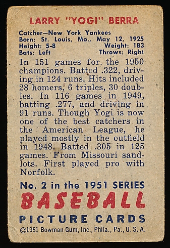 1951 Bowman Baseball- #2 Yogi Berra, Yankees