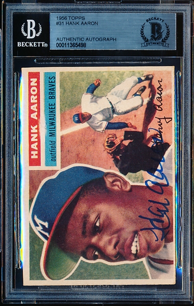 Autographed 1956 Topps Baseball- #31 Hank Aaron, Braves- Beckett Certified & Encapsulated