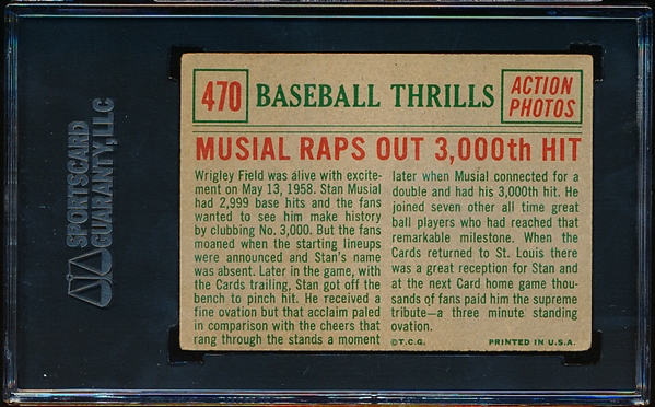 Autographed 1959 Topps Baseball- #470 Stan Musial Thrill- SGC Certified & Encapsulated