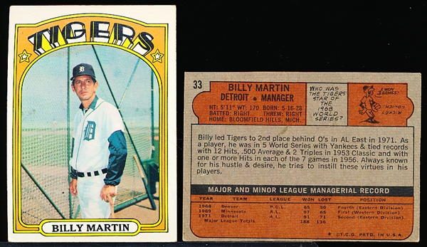 1972 Topps Bb- #33 Billy Martin, Tigers- 10 Cards