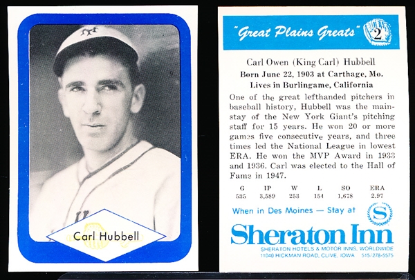 1975 Great Plains Greats- #2 Carl Hubbell, NY Giants- 45 Cards