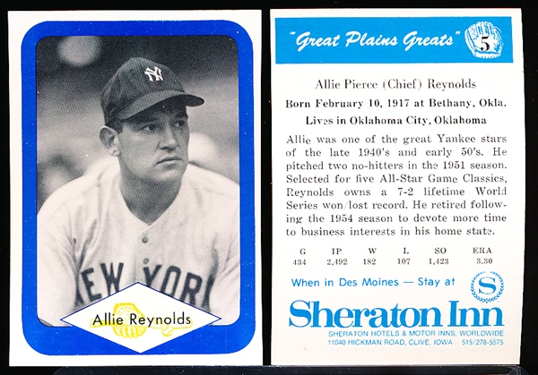 1975 Great Plains Greats- #5 Allie Reynolds, NY Yankees- 35 Cards