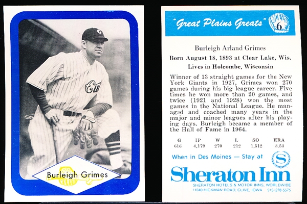 1975 Great Plains Greats- #6 Burleigh Grimes- 25 Cards