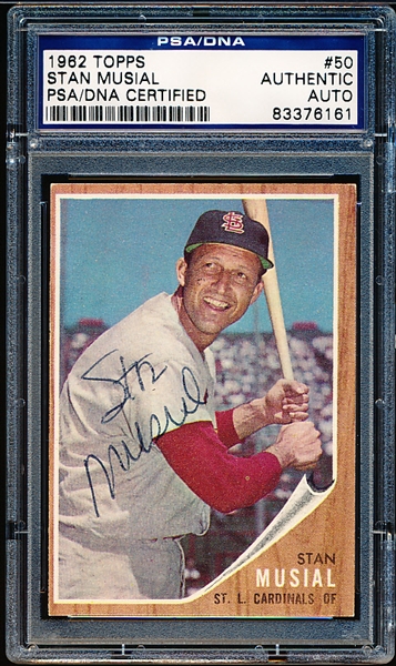 Autographed 1962 Topps Baseball- #50 Stan Musial, Cardinals- PSA/ DNA Certified & Encapsulated